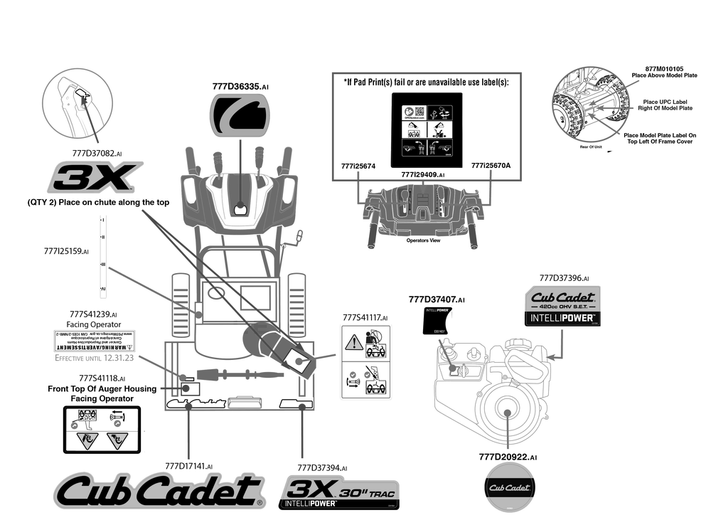 Label Map Diagram and Parts List for 3X30-INCHTRAC (31AH7LVZB10)(2023) Cub Cadet Snow Blower